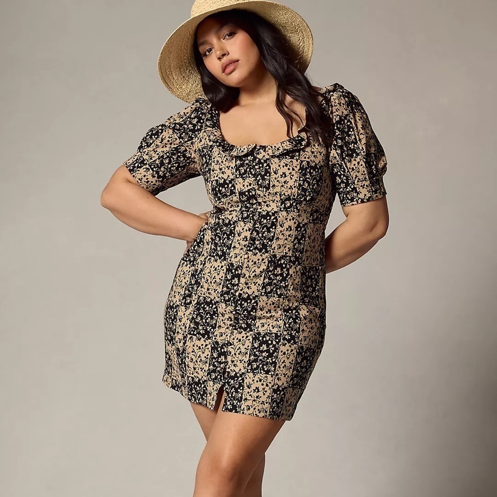 Anthropologie Ruffled Puff-Sleeve Dress Tan Black Floral Cottagecore Dress Sz 10